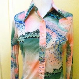 Vintage 1970's Psychedelic Disco Top Green and Pink Small